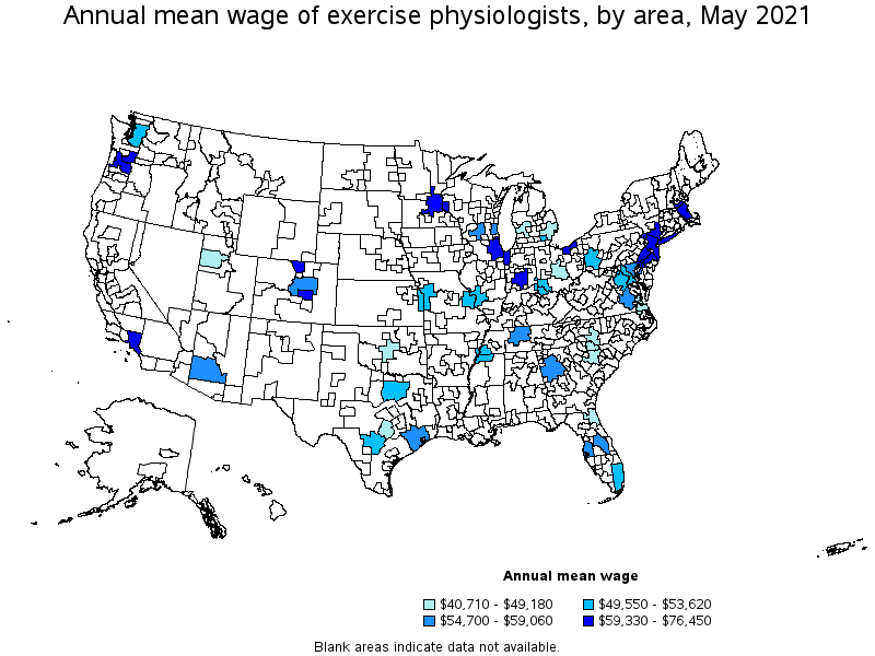 Map of annual mean wages of exercise physiologists by area, May 2021