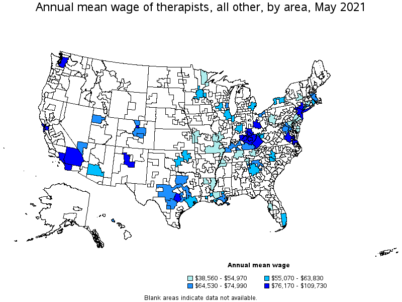Map of annual mean wages of therapists, all other by area, May 2021