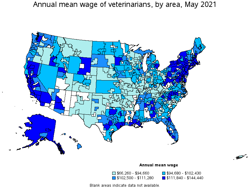 Map of annual mean wages of veterinarians by area, May 2021