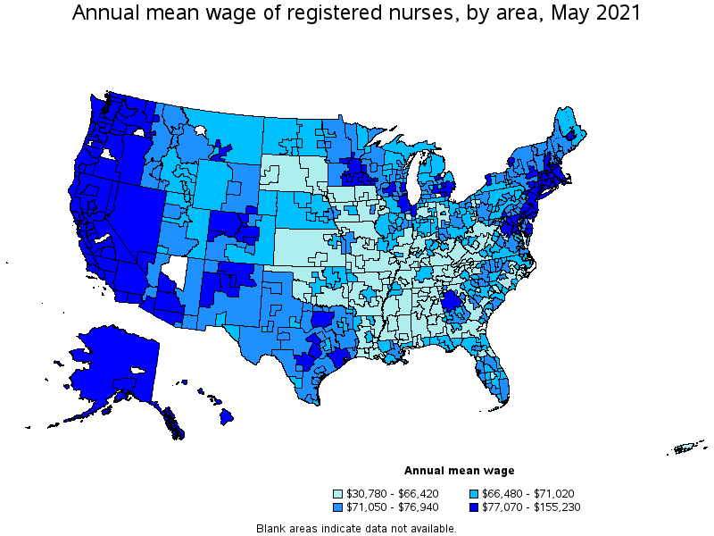 Map of annual mean wages of registered nurses by area, May 2021
