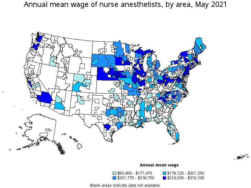 Map of annual mean wages of nurse anesthetists by area, May 2021