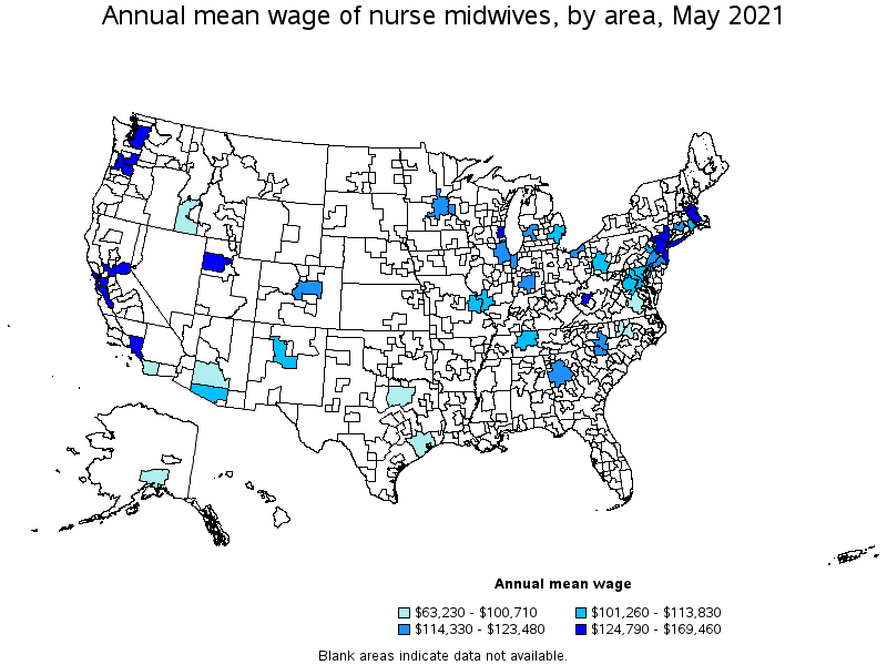 Map of annual mean wages of nurse midwives by area, May 2021