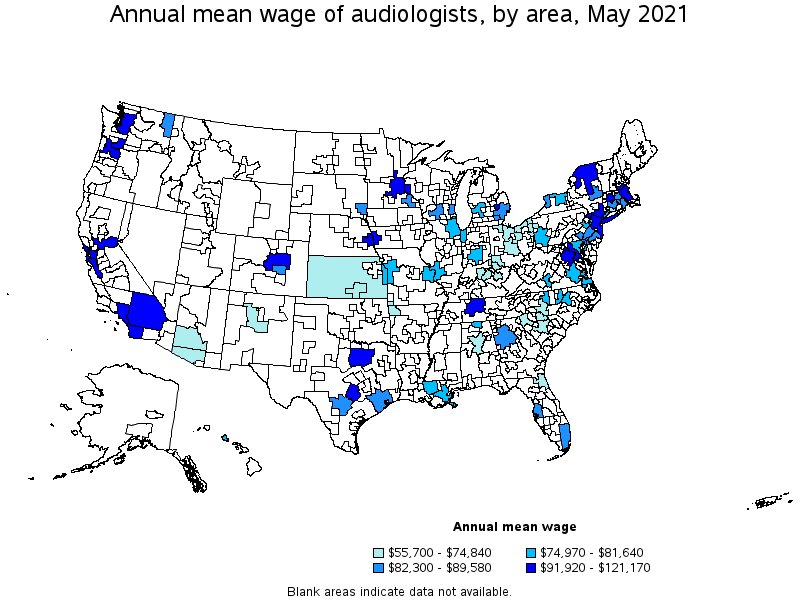 Map of annual mean wages of audiologists by area, May 2021
