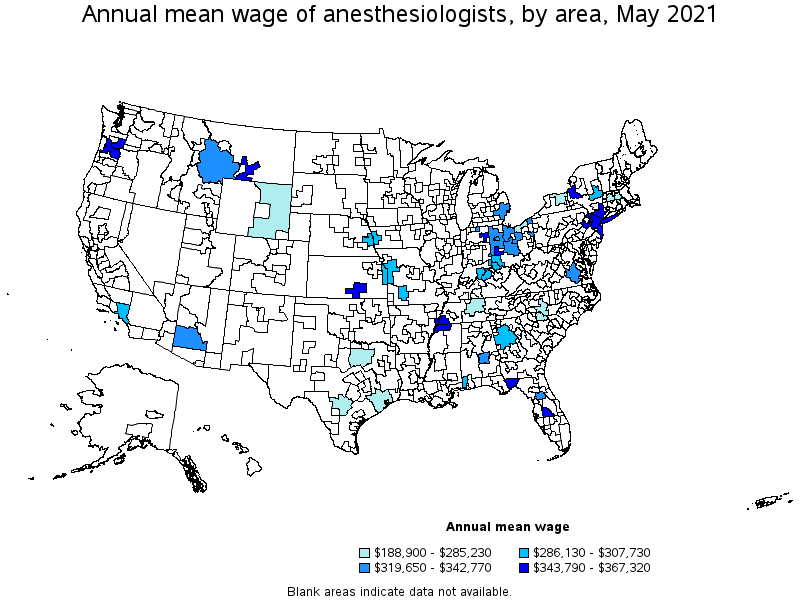 Map of annual mean wages of anesthesiologists by area, May 2021