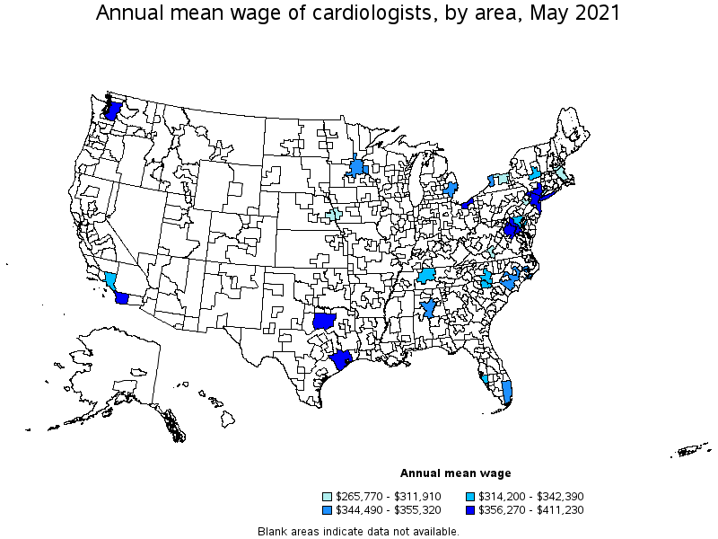 Map of annual mean wages of cardiologists by area, May 2021