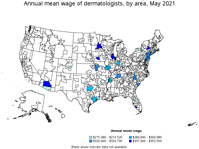 Map of annual mean wages of dermatologists by area, May 2021