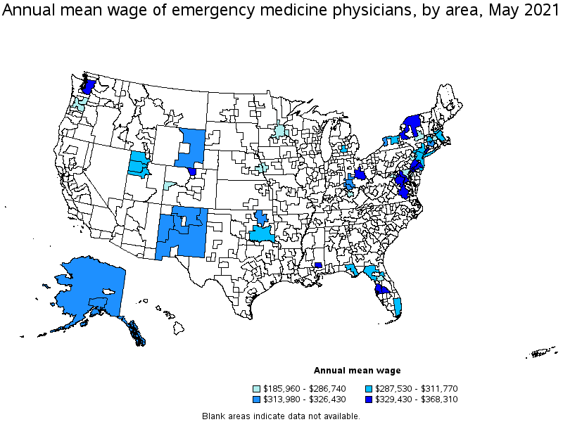 Map of annual mean wages of emergency medicine physicians by area, May 2021