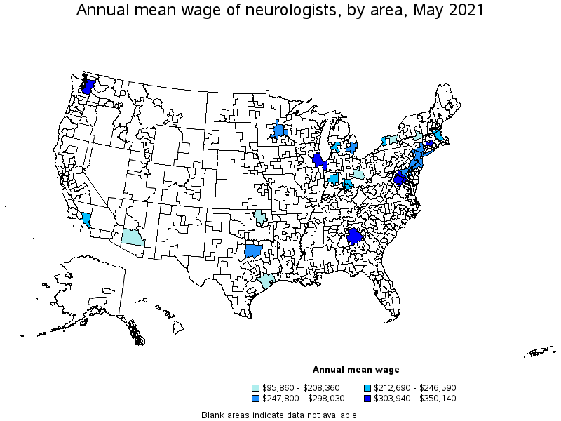 Map of annual mean wages of neurologists by area, May 2021