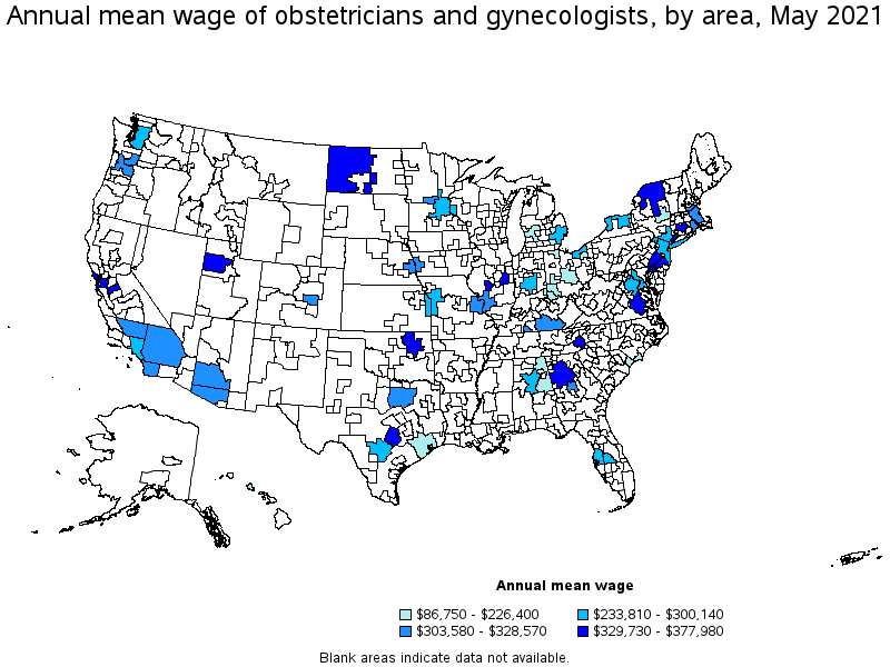 Map of annual mean wages of obstetricians and gynecologists by area, May 2021