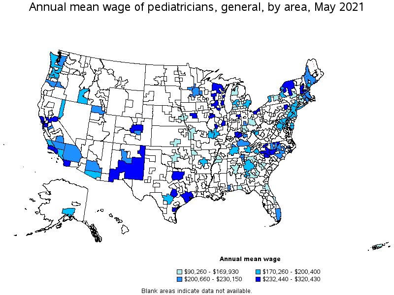 Map of annual mean wages of pediatricians, general by area, May 2021