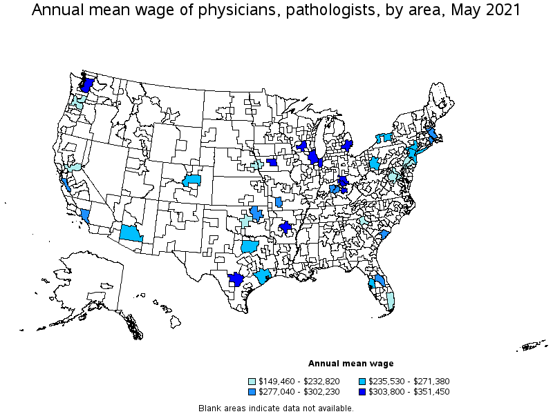 Map of annual mean wages of physicians, pathologists by area, May 2021