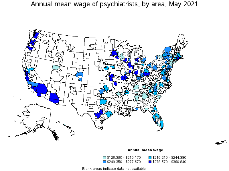 Map of annual mean wages of psychiatrists by area, May 2021