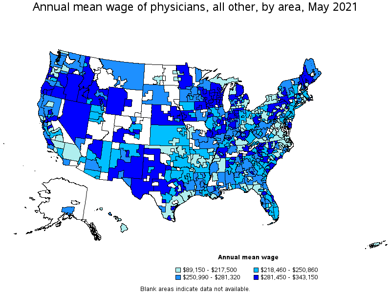 Map of annual mean wages of physicians, all other by area, May 2021