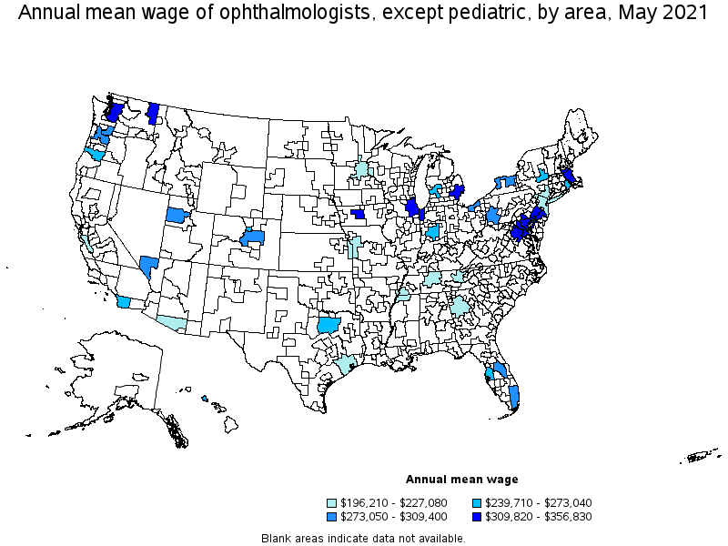 Map of annual mean wages of ophthalmologists, except pediatric by area, May 2021