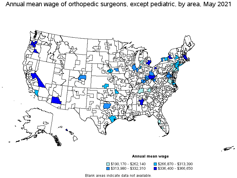 Map of annual mean wages of orthopedic surgeons, except pediatric by area, May 2021