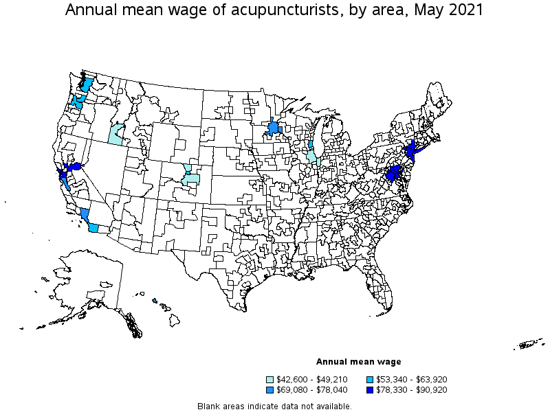 Map of annual mean wages of acupuncturists by area, May 2021