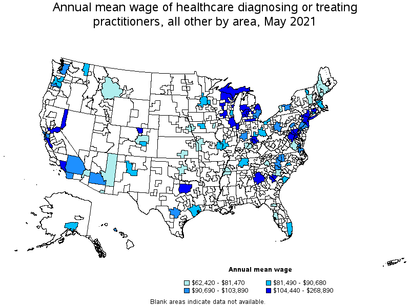 Map of annual mean wages of healthcare diagnosing or treating practitioners, all other by area, May 2021