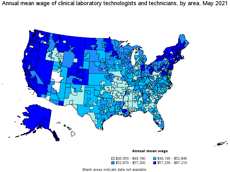 Map of annual mean wages of clinical laboratory technologists and technicians by area, May 2021