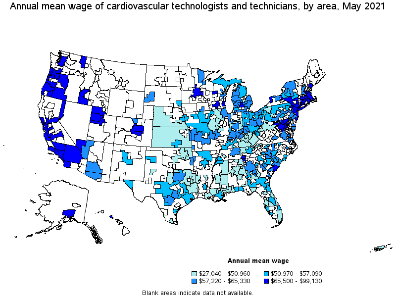 Map of annual mean wages of cardiovascular technologists and technicians by area, May 2021