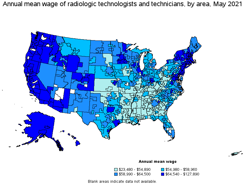 Map of annual mean wages of radiologic technologists and technicians by area, May 2021