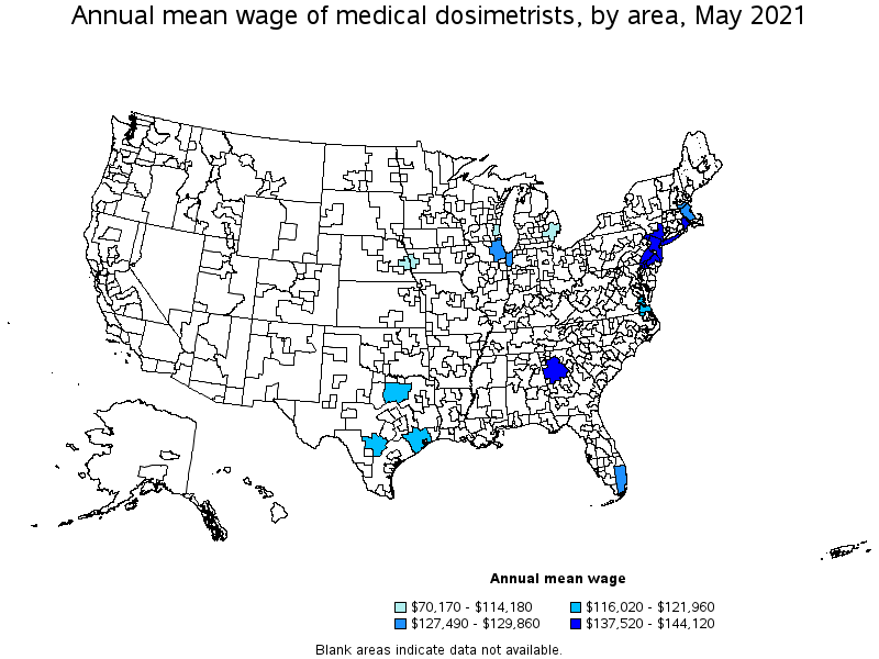 Map of annual mean wages of medical dosimetrists by area, May 2021