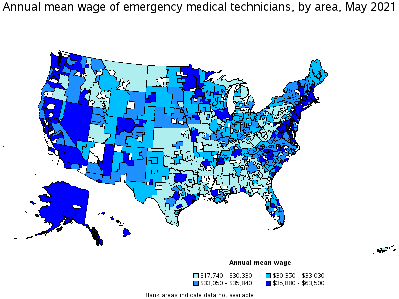 Map of annual mean wages of emergency medical technicians by area, May 2021
