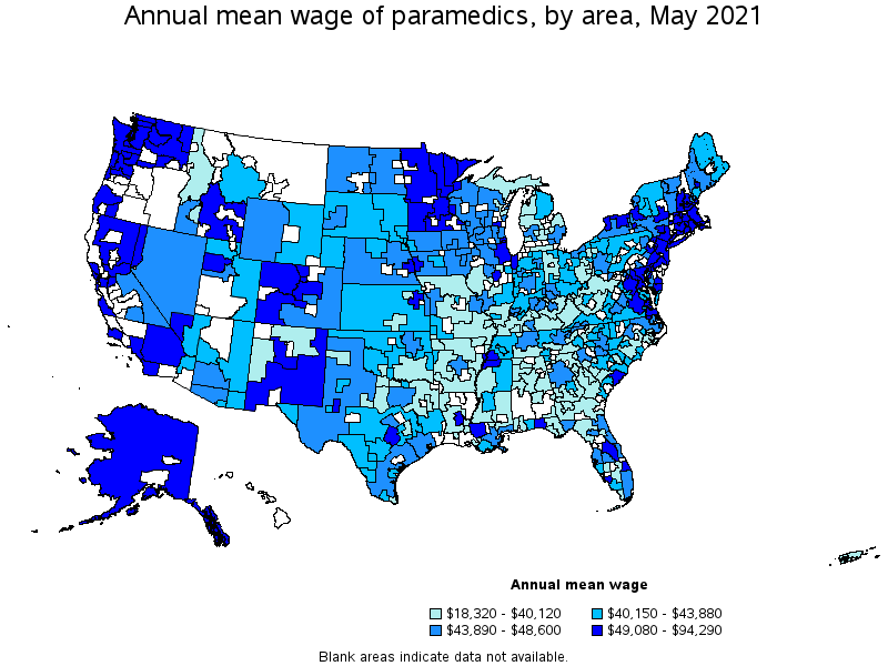 Map of annual mean wages of paramedics by area, May 2021