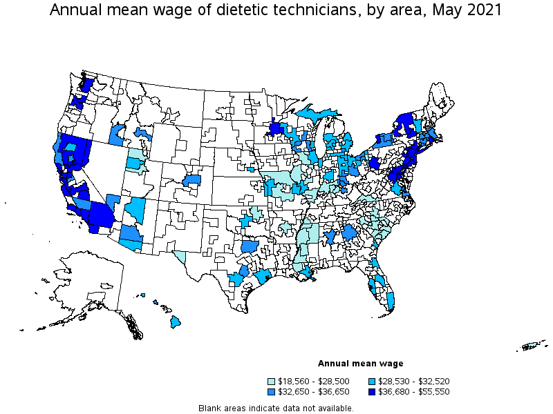 Map of annual mean wages of dietetic technicians by area, May 2021