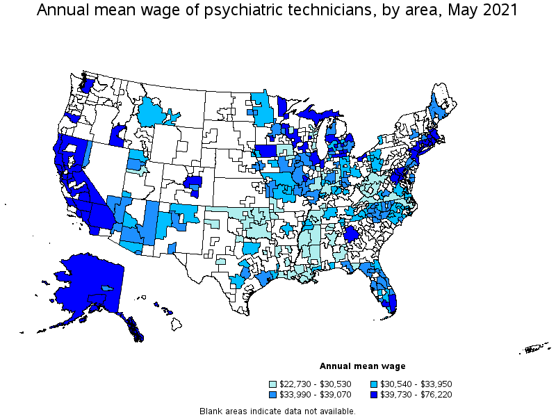Map of annual mean wages of psychiatric technicians by area, May 2021