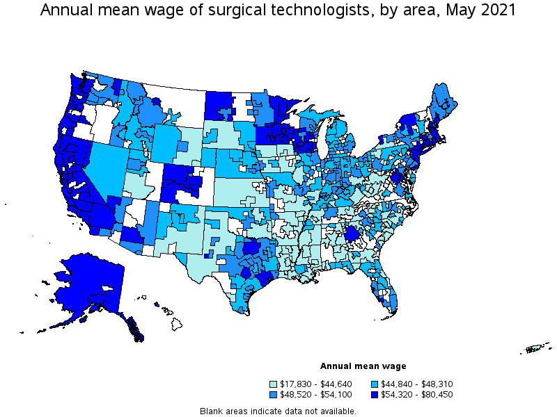 Map of annual mean wages of surgical technologists by area, May 2021
