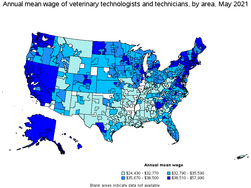 Map of annual mean wages of veterinary technologists and technicians by area, May 2021