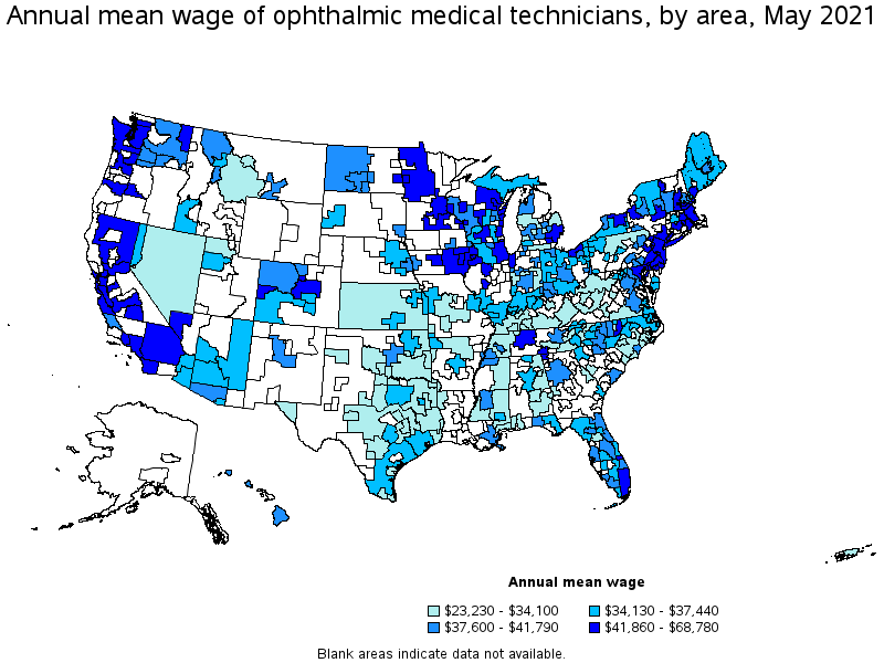 Map of annual mean wages of ophthalmic medical technicians by area, May 2021