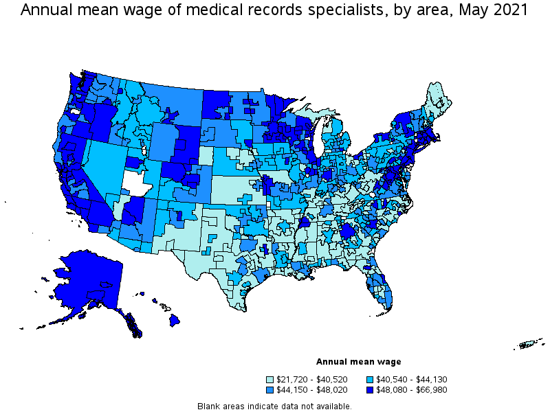 Map of annual mean wages of medical records specialists by area, May 2021