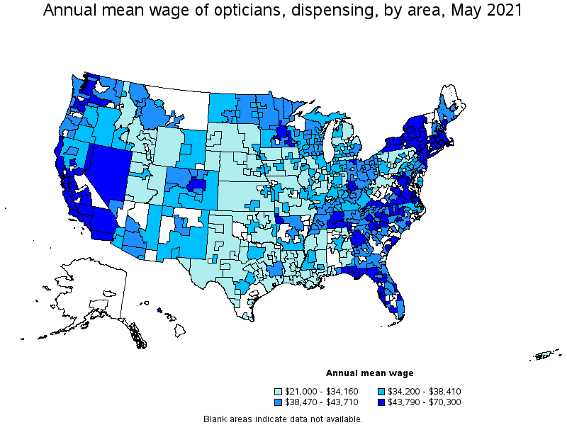 Map of annual mean wages of opticians, dispensing by area, May 2021