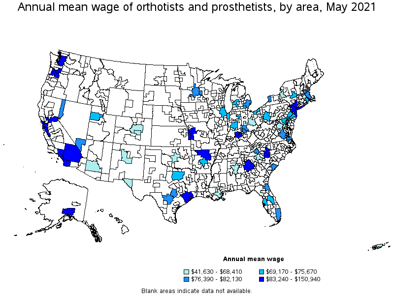 Map of annual mean wages of orthotists and prosthetists by area, May 2021