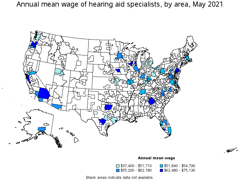 Map of annual mean wages of hearing aid specialists by area, May 2021