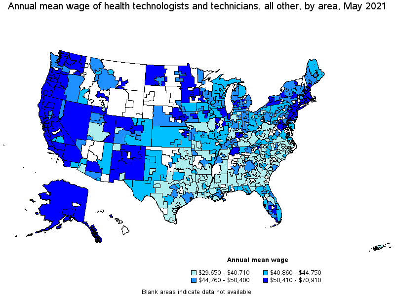 Map of annual mean wages of health technologists and technicians, all other by area, May 2021
