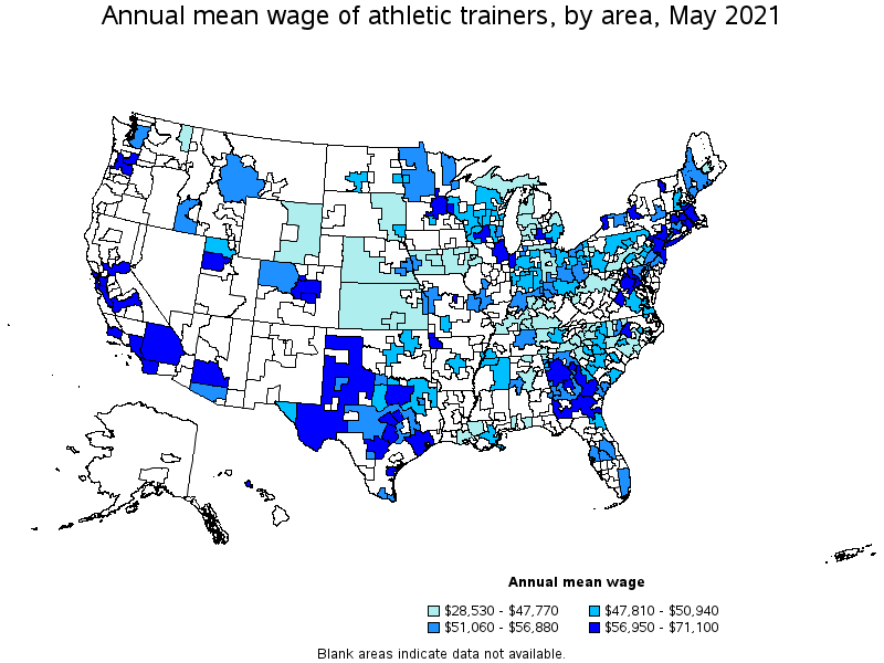 Map of annual mean wages of athletic trainers by area, May 2021