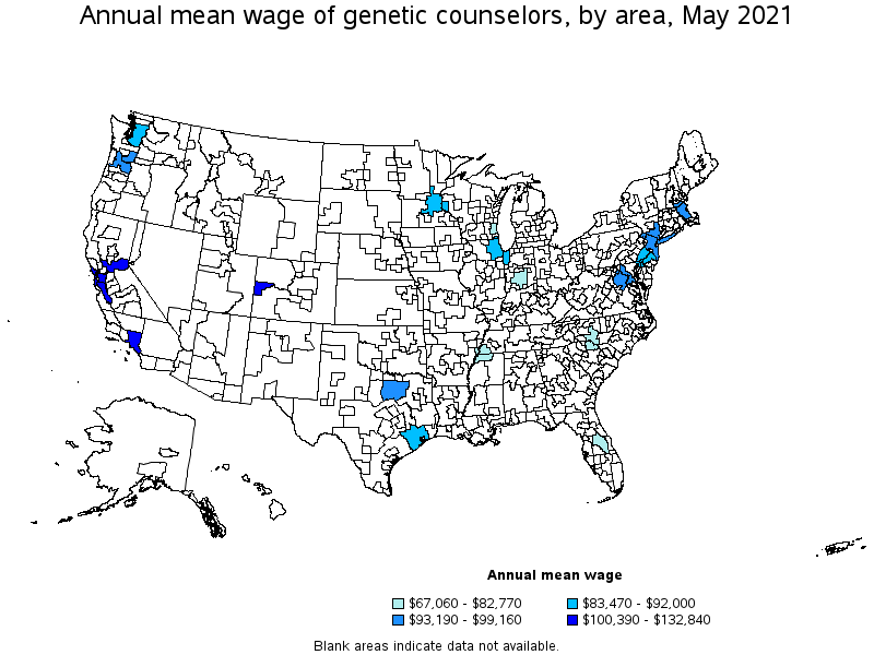 Map of annual mean wages of genetic counselors by area, May 2021