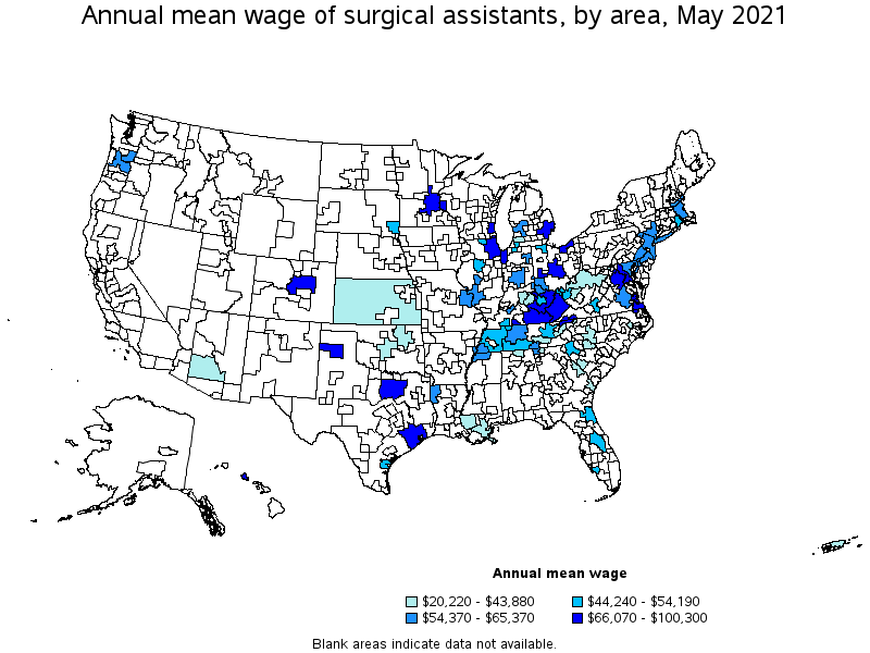 Map of annual mean wages of surgical assistants by area, May 2021