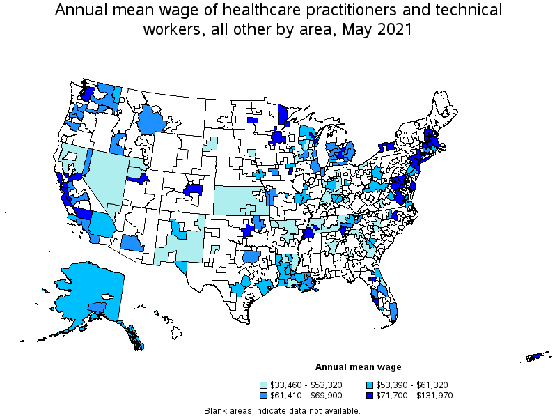 Map of annual mean wages of healthcare practitioners and technical workers, all other by area, May 2021