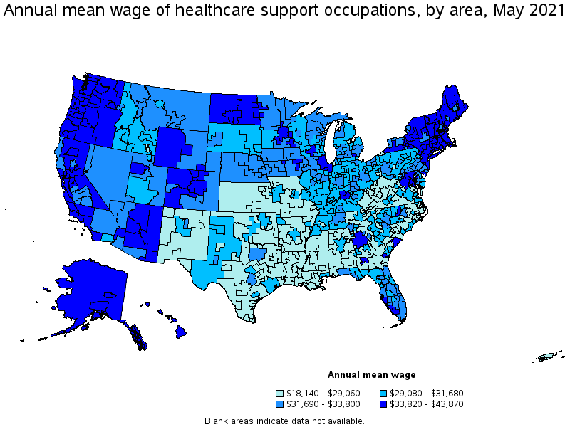 Map of annual mean wages of healthcare support occupations by area, May 2021