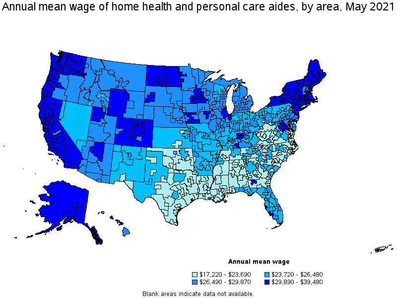 Map of annual mean wages of home health and personal care aides by area, May 2021