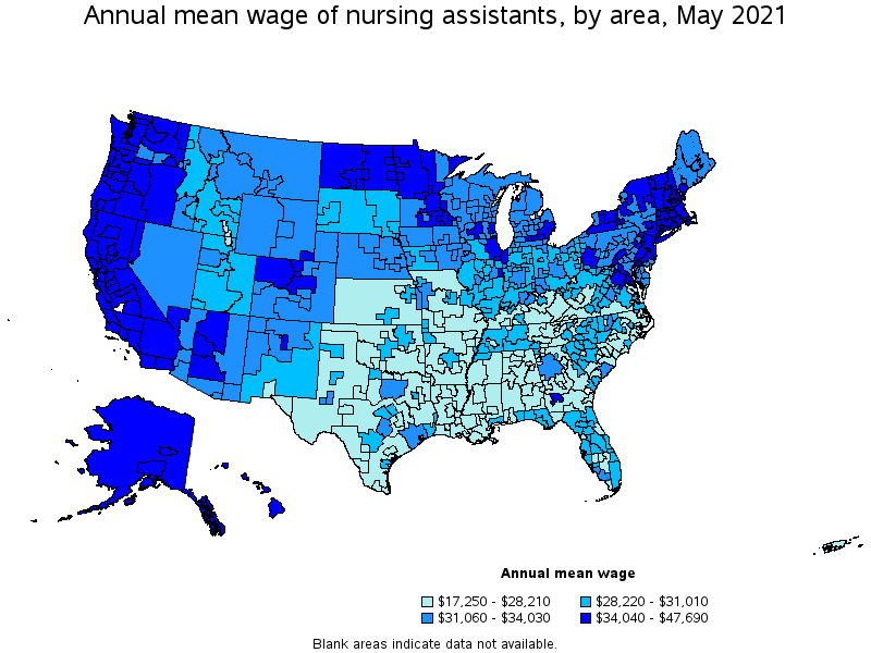 Map of annual mean wages of nursing assistants by area, May 2021