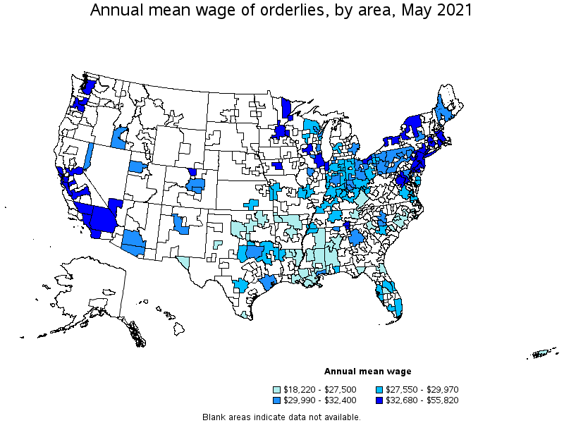 Map of annual mean wages of orderlies by area, May 2021