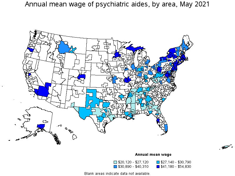 Map of annual mean wages of psychiatric aides by area, May 2021
