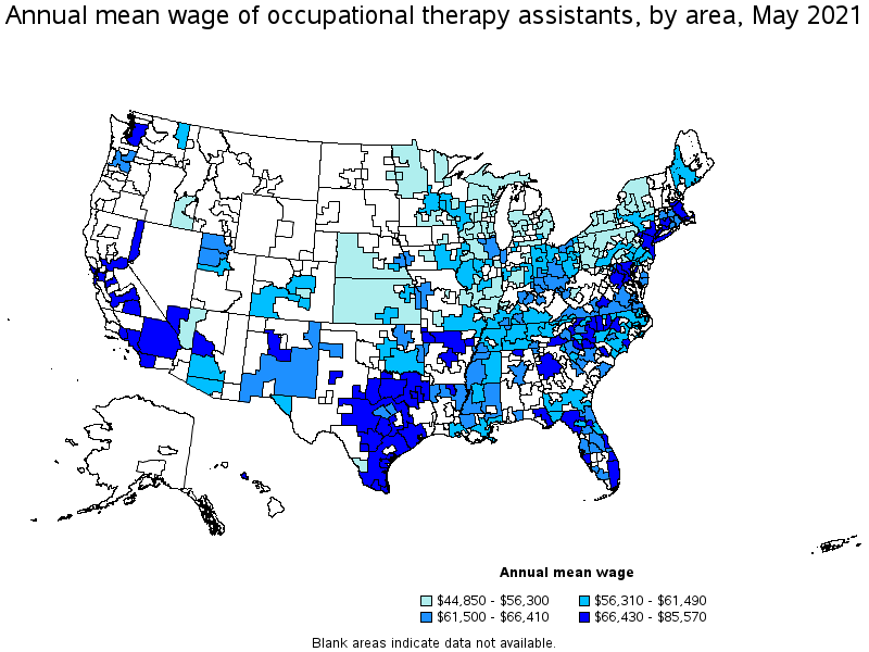 Map of annual mean wages of occupational therapy assistants by area, May 2021