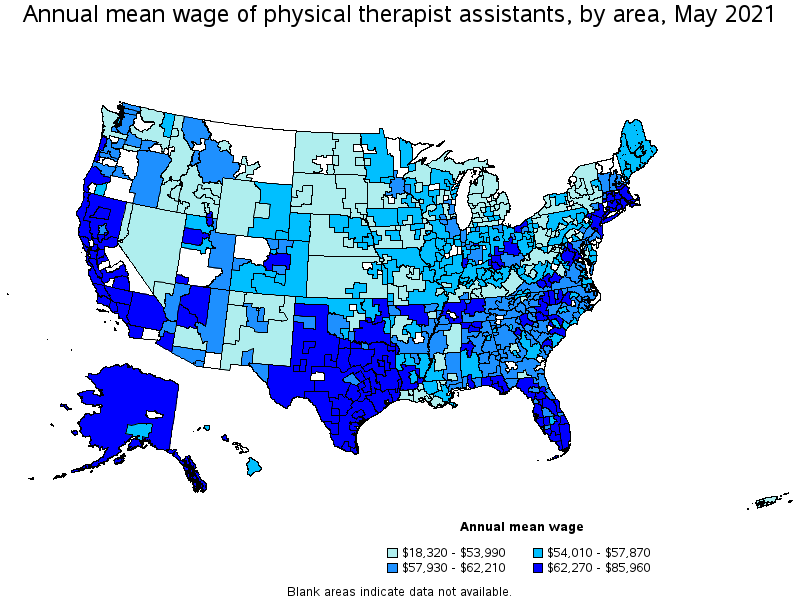 Map of annual mean wages of physical therapist assistants by area, May 2021