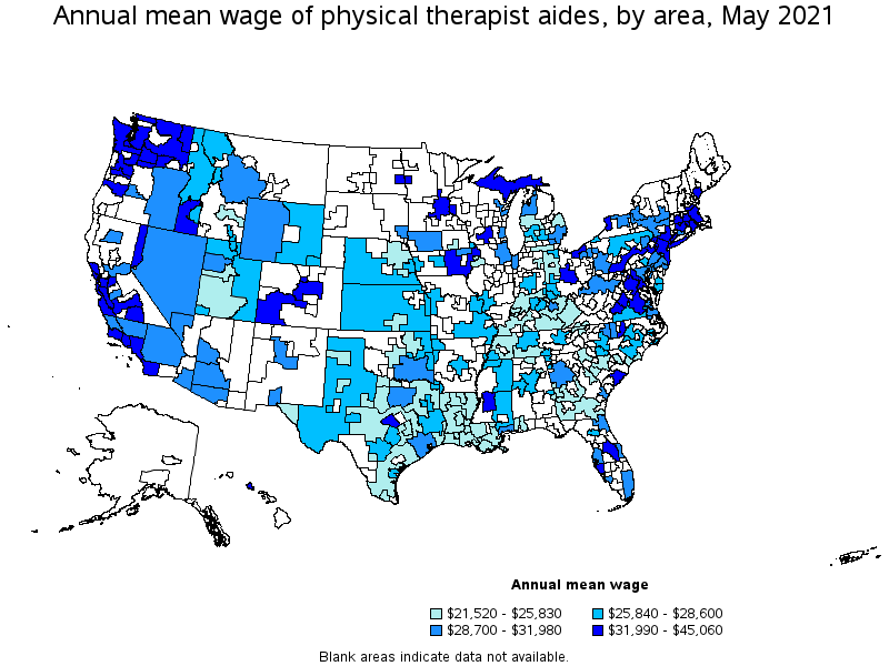 Map of annual mean wages of physical therapist aides by area, May 2021