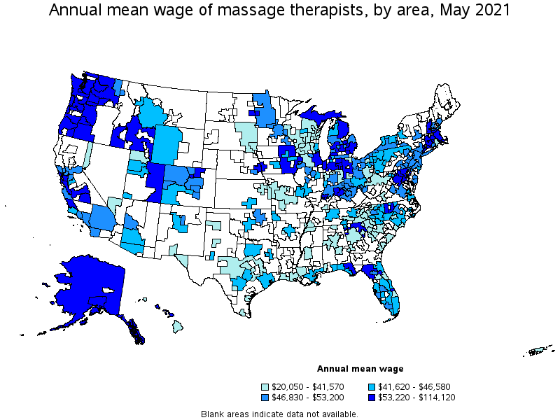 Map of annual mean wages of massage therapists by area, May 2021